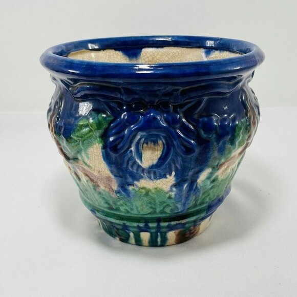 Majolica Jardinere Bull Buffalo Head Planter 8” Blue 3D Art Embossed Large Glaze